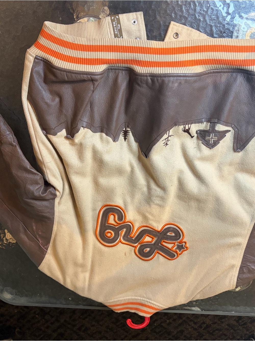 Lrg Beige and Brown Varsity Bomber with Orange Trim